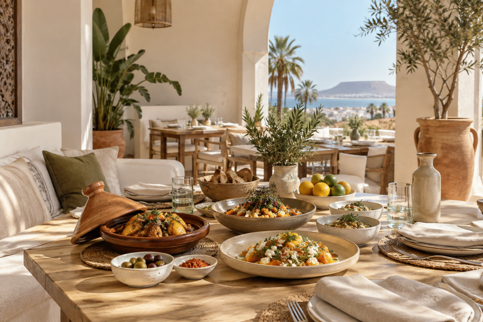 A table of Moroccan and Mediterranean dishes